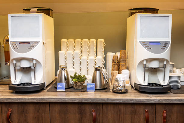 istock Modern Self-Service Coffee Station with Cups and Fresh Milk Options in hotel 2066704505