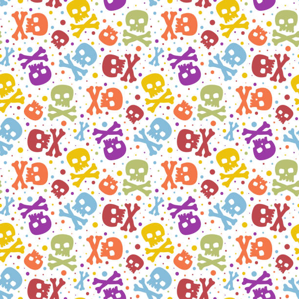 ilustrações de stock, clip art, desenhos animados e ícones de small bright colorful multi-colored skulls and crossbones isolated on a white background. cute seamless pattern. vector simple flat graphic illustration. texture. - pop art skull backgrounds pattern