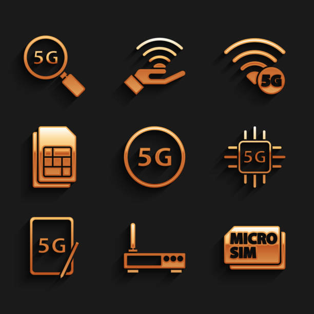 stellen sie das 5g-netzwerk, den router und das wi-fi-signal, die micro-sim-karte, den prozessor, das grafiktablett mit, die karte und das suchsymbol ein. vektor - pill computer telephone cpu stock-grafiken, -clipart, -cartoons und -symbole