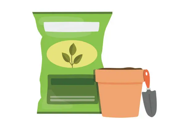 Vector illustration of Bag of potting mix or garden soil with terracotta pot and hand trowel.