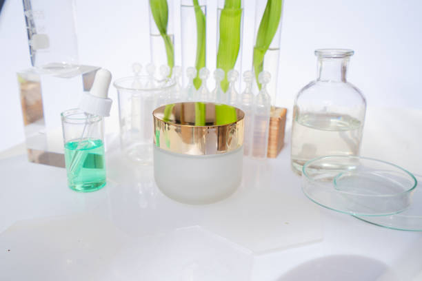 Laboratory tested face cream in white glass container,
