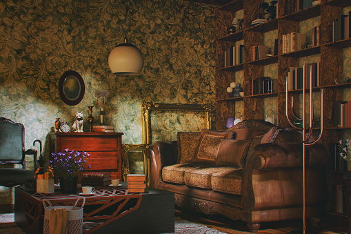 Old retro living room. 3D generated image.