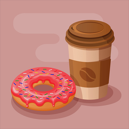 Cartoon bright pink color glazed donut and coffee cup wallpaper design illustration. Vector cute art
