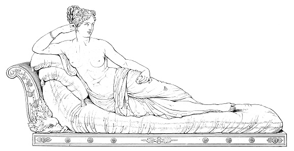 Pauline Bonaparte as Venus Victrix, statue by Antonio Canova. Vintage etching circa 19th century.