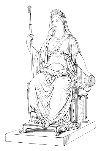 Marie Louise of Habsburg as the Goddess Concordia, statue by Antonio Canova. Vintage etching circa 19th century.