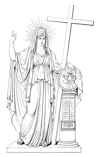 Religion, statue by Antonio Canova. Vintage etching circa 19th century.