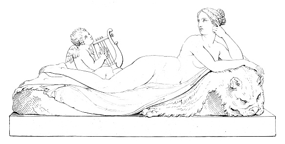 “Nymph with a Cupid” or “ The Nymph Awakened by Love”, statue by Antonio Canova. Vintage etching circa 19th century.