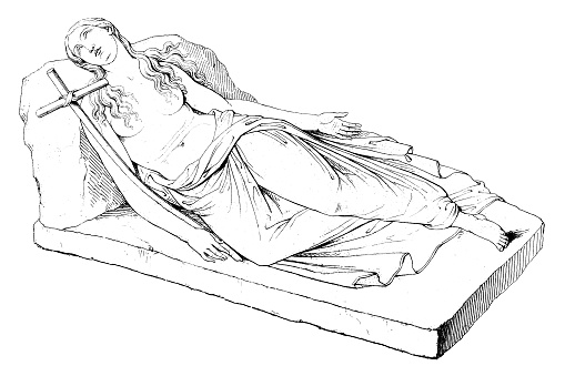 Recumbent Magdalene, statue by Antonio Canova. Vintage etching circa 19th century.