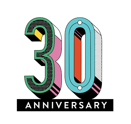 Vector illustration of a Anniversary label geometric 3D Y2K typography design in patterns and bright colors on white background. Fully editable or place your logo into the design to customize. Includes vector eps and high resolution jpg.