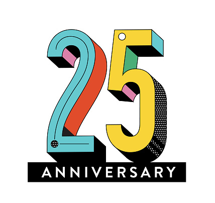 Vector illustration of a Anniversary label geometric 3D Y2K typography design in patterns and bright colors on white background. Fully editable or place your logo into the design to customize. Includes vector eps and high resolution jpg.