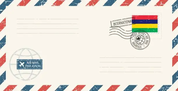 Vector illustration of Blank air mail grunge envelope with Mauritius postage stamp. Vintage postcard vector illustration with Mauritius national flag isolated on white background. Retro style.