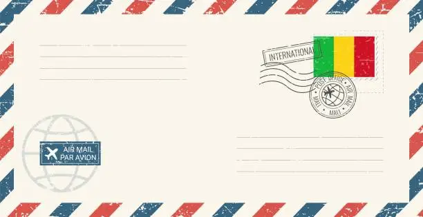 Vector illustration of Blank air mail grunge envelope with Mali postage stamp. Vintage postcard vector illustration with Malian national flag isolated on white background. Retro style.