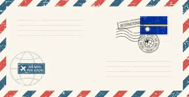 Vector illustration of Blank air mail grunge envelope with Nauru postage stamp. Vintage postcard vector illustration with Nauruan national flag isolated on white background. Retro style.