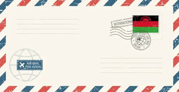 Vector illustration of Blank air mail grunge envelope with Malawi postage stamp. Vintage postcard vector illustration with Malawi national flag isolated on white background. Retro style.