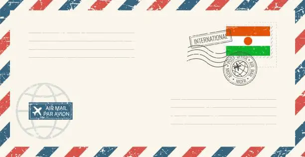 Vector illustration of Blank air mail grunge envelope with Niger postage stamp. Vintage postcard vector illustration with Nigerian national flag isolated on white background. Retro style.