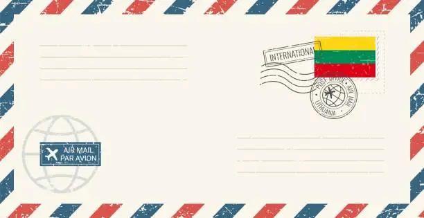 Vector illustration of Blank air mail grunge envelope with Lithuania postage stamp. Vintage postcard vector illustration with Lithuanian national flag isolated on white background. Retro style.
