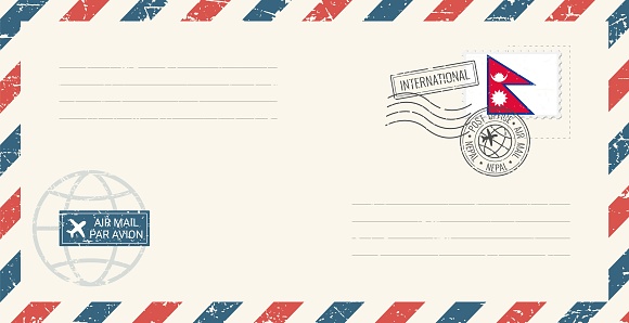 Blank air mail grunge envelope with Nepal postage stamp. Vintage postcard vector illustration with Nepali national flag isolated on white background. Retro style.