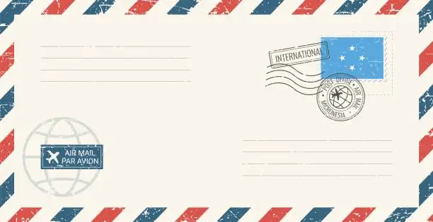 Vector illustration of Blank air mail grunge envelope with Micronesia postage stamp. Vintage postcard vector illustration with Micronesian national flag isolated on white background. Retro style.