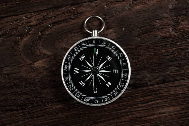 Vintage retro compass on wooden deck background