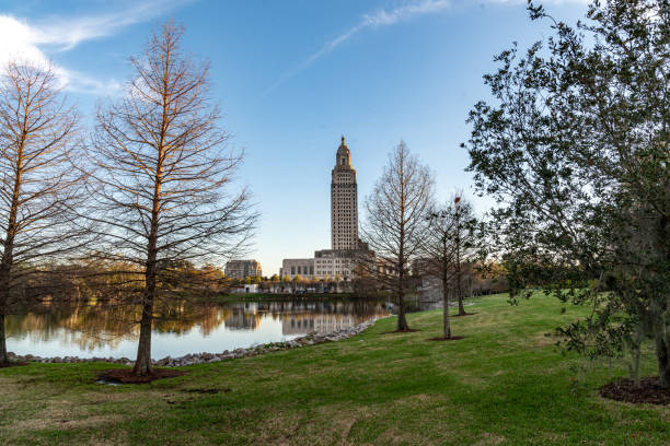 Louisiana State Capitol and Capitol Lake just before dusk