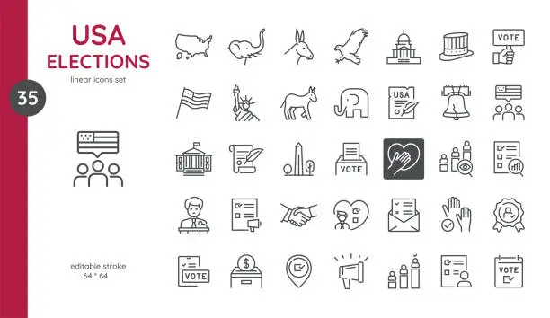 Vector illustration of USA Elections Icons Set. Editable Stroke Illustrations of United States US President or Congress Elections, Voting Ballot, Voting Ballot Box, Politic Party, Monitoring.