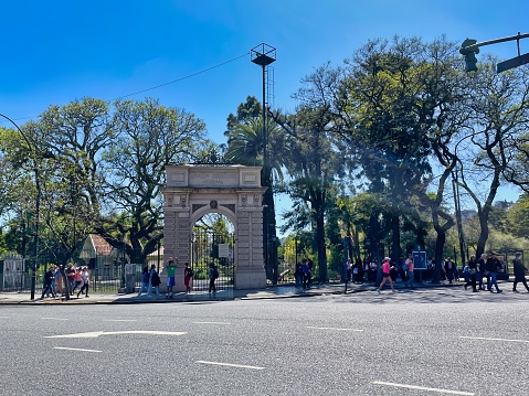 buenos aires, Argentina - 27 October 2022: an historic gate on the landmark square with the spanish monument forms the entrance to the jardin zoologico