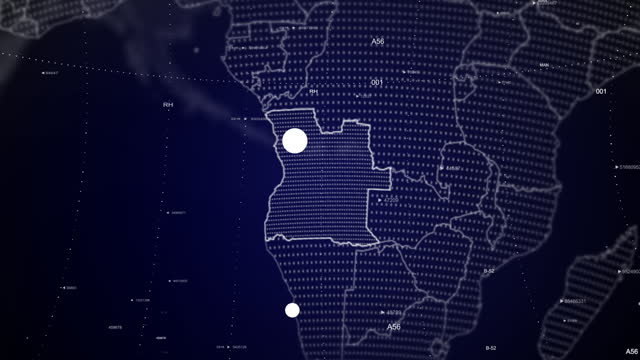 Digital globe rotating, zooming in on Angola country. Data analysis Technology Cinematic Globe rotating on Angola Country data analysis background Energy particles around the Globe