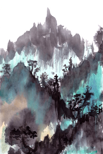 monochrome mountain landscape with gazebo and river on white background, Chinese brush painting. High quality illustration