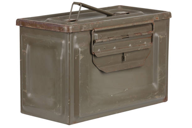 istock US army green metal .50 cal ammo can on white. 2066874104