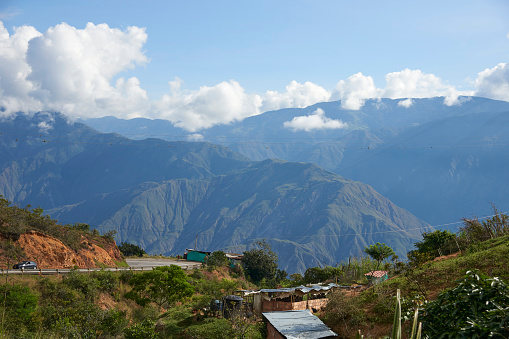 Mountainous Andean scenery in Santander, Colombia, under the morning sunlight.