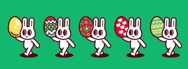 Vector illustration of Happy Easter, A group of Easter bunnies each holding an Easter Egg and walking in a neat line