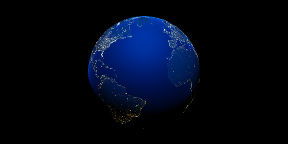 Concept background of the entire Earth with cities lit up at night as seen from space. 3d rendering