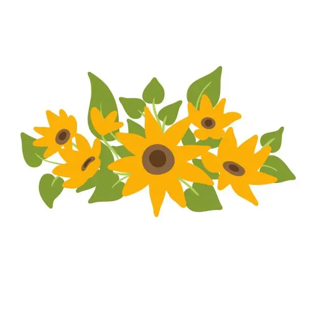 Vector illustration of Sunflower flower wreath with yellow petals and green leaves vector illustration design