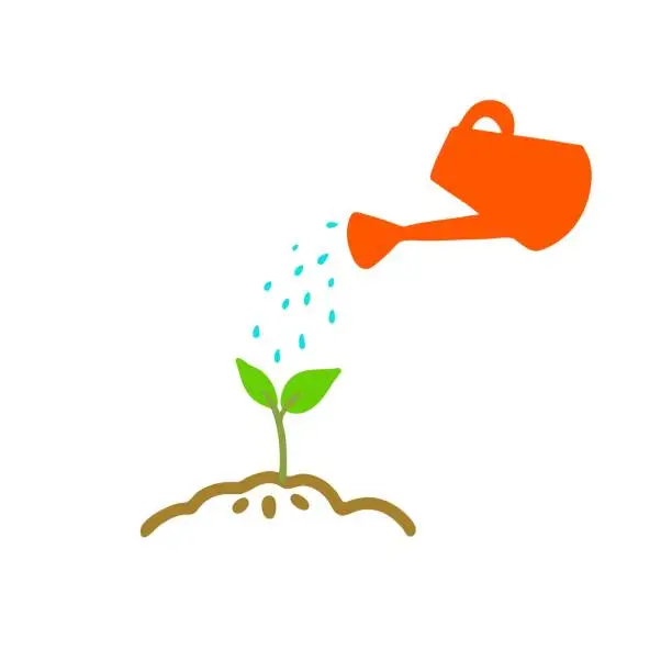 Vector illustration of Watering plant illustration. Red trunk pouring blue water into small green tree
