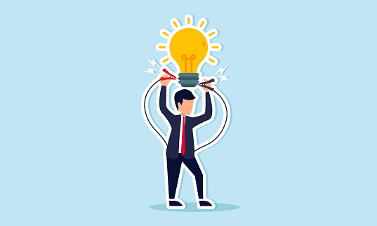 Kickstart new business idea with problem solving knowledge and creative solutions concept, businessman connect electricity to lightbulb idea to lit up bright metaphor of solution idea.