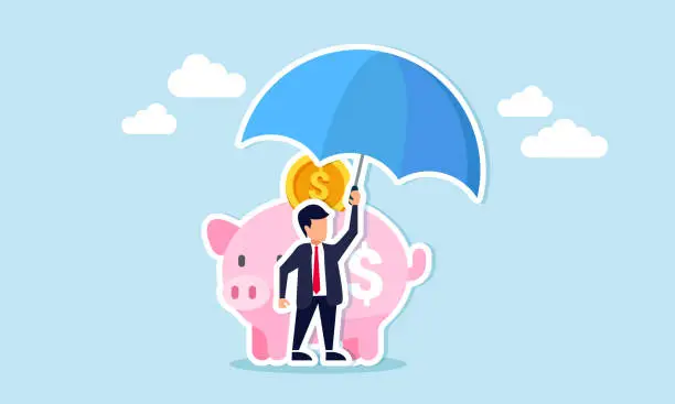 Vector illustration of Insurance and finance safeguard savings during economic crises, ensuring safety weather portfolios concept, confidence businessman investor with his piggy bank safety money covered by big umbrella.