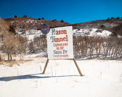 Raton Tunnel sign in snow on the Sante Fe Railroad, highest point on the Sante Fe
