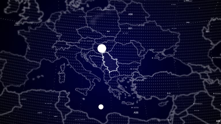 Digital globe rotating, zooming in on Serbia country. Data analysis Technology Cinematic Globe rotating on Serbia Country data analysis background Energy particles around the Globe