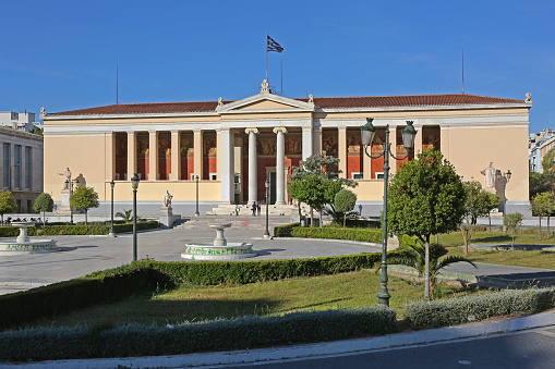 Athens, Greece - May 04, 2015: National and Kapodistrian University of Athens Building Front at Sunny Day in Capital City Centre.