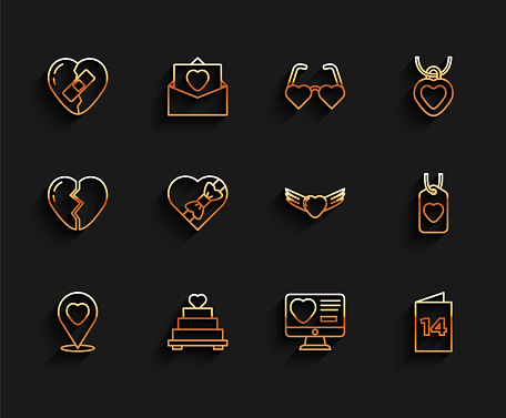Set line Location with heart Wedding cake Healed broken Dating app online Greeting card Candy shaped box Heart tag and wings icon. Vector.