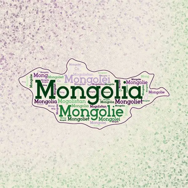 Vector illustration of Mongolia shape whith country names word cloud in multiple languages. Mongolia border map on astonishing triangles scattered around. Beautiful vector illustration.