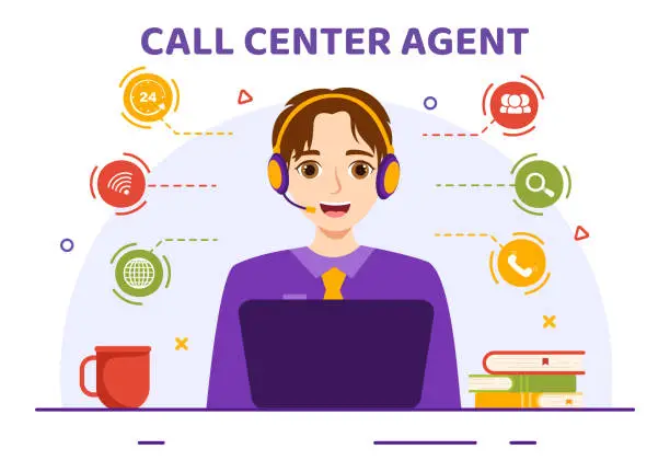 Vector illustration of Call Center Agent Vector Illustration of Customer Service or Hotline Operator with Headsets and Computers in Flat Cartoon Background
