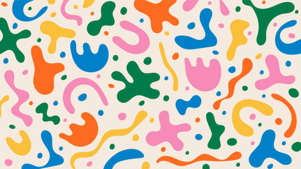 ilustrações de stock, clip art, desenhos animados e ícones de fun colorful pattern of abstract liquid shapes and blobs in various colors on beige background. vector art with fauvist like style hand drawn figures and lines - passatempo