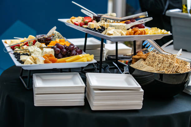 istock A tray of cheese and crackers and fruit on display catered for snacks 2067022765