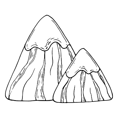 Mountains sketch. Snowy peak. Conquering heights. Wild nature. Hand drawn illustration.