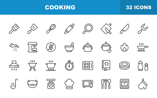 Cooking Line Icons. Editable Stroke. Contains such icons as Food, Kitchen, Knife, Plate, Pot, Chef, Restaurant, Fork, Recipe, Meal, Cook.