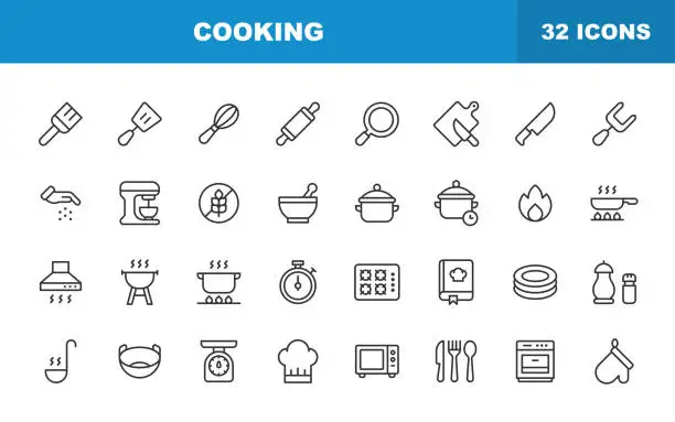 Vector illustration of Cooking Line Icons. Editable Stroke. Contains such icons as Food, Kitchen, Knife, Plate, Pot, Chef, Restaurant, Fork, Recipe, Meal, Cook.