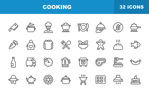 Cooking Line Icons. Editable Stroke. Contains such icons as Food, Kitchen, Knife, Plate, Pot, Chef, Restaurant, Fork, Recipe, Meal, Cook.