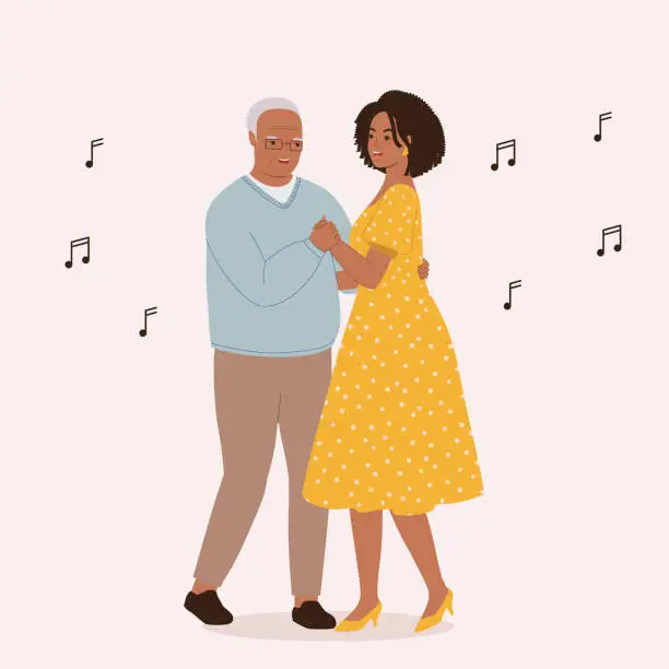 Vector illustration of Black Elderly Father And Adult Daughter Dancing Together.