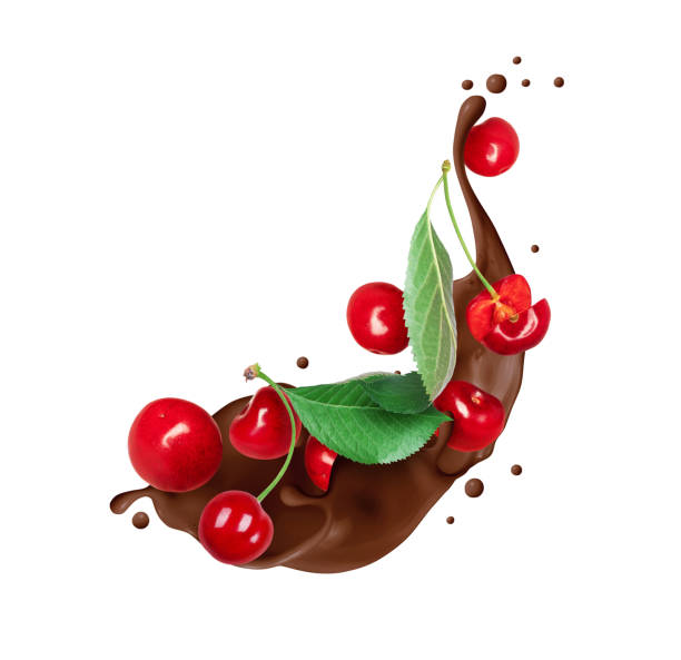 istock Cherries with leaves in chocolate splashes isolated on a white background 2067030905